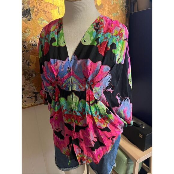 Stunning Mara Hoffman Neon Bright Silk Butterfly Style Blouse Size 6 - Picture 7 of 10